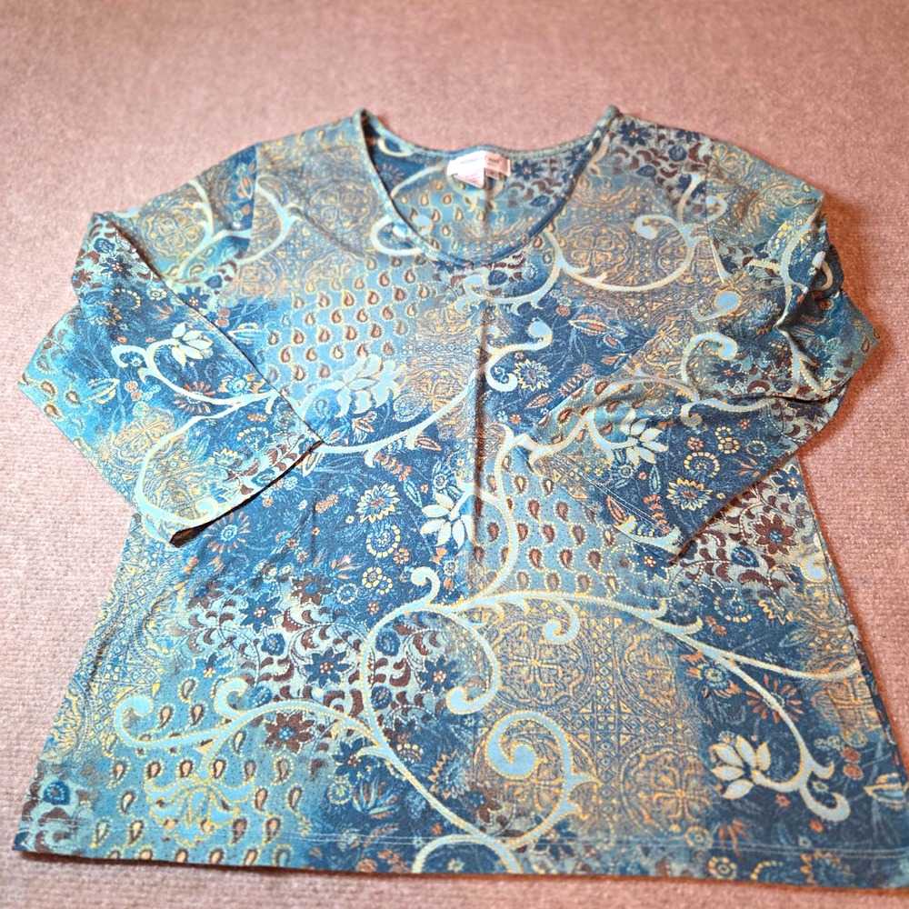 Coldwater Creek Women Blue Gold Paisley Floral V-Neck Long Sleeve Top Size M